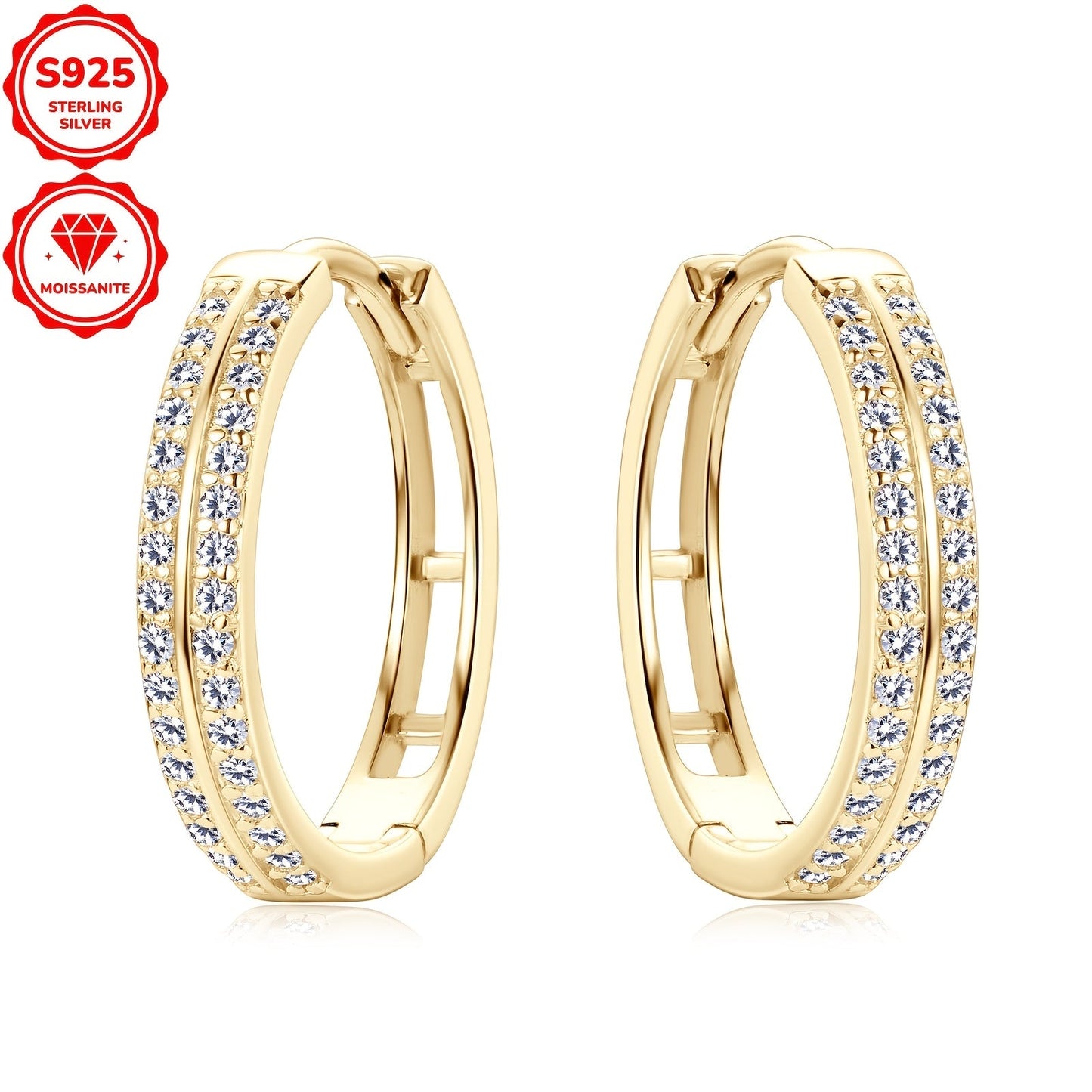 Pair of Moissanite Earrings crafted in 925 Sterling Silver with a silvery Gram Weight of 2.72g. Features 64pcs of Moissanite stones measuring 1mm each, totaling 0.16ct per earring. These Women's Fashion Hoop Earrings have an inner diameter of 15mm.