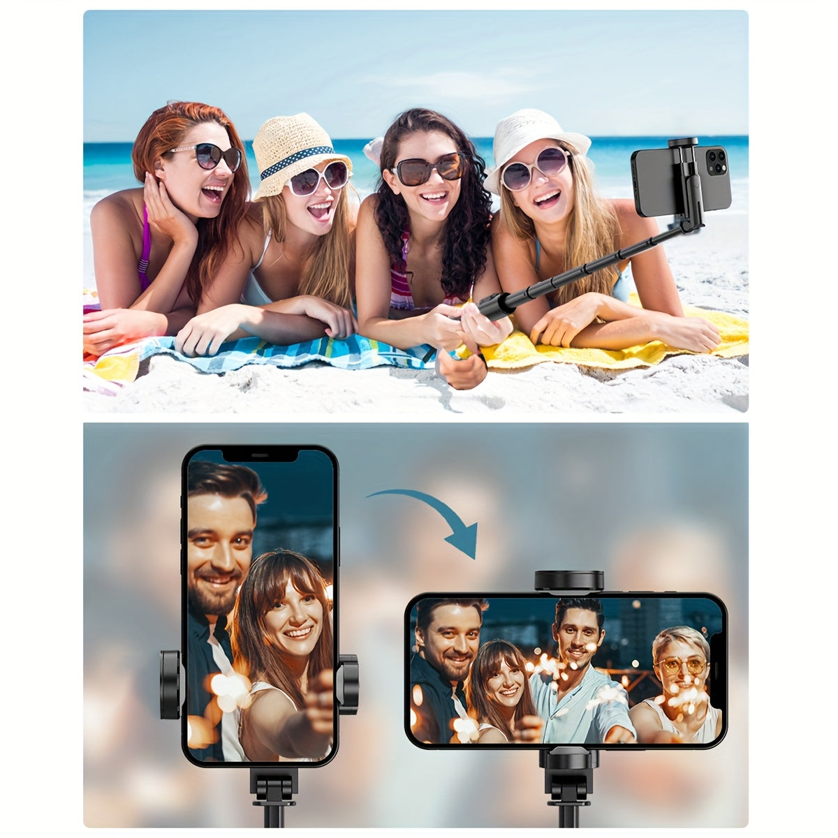 Extendable wireless selfie stick with remote, foldable phone tripod for smartphones with non-rechargeable button battery.