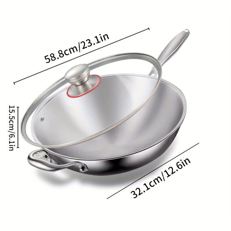 Multi-Purpose Stainless Steel Wok with Wooden Handle and Non-Stick Chef's Stir Fry Pan for Healthy Cooking. Easy to Clean Skillet, Perfect for Versatile Kitchen Cookware.