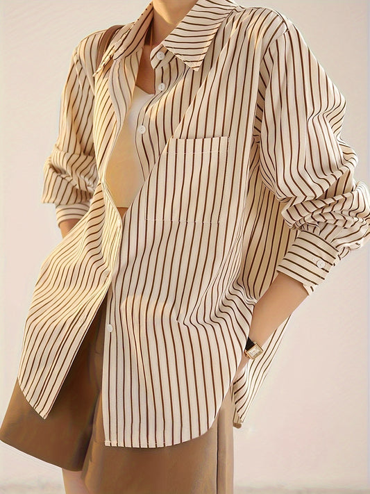 Elegant striped button-up shirt for women with a French-inspired design in beige and brown vertical stripes for spring/summer.