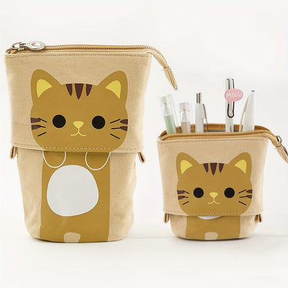 Canvas cat pencil case with zippered expandable design, 2-in-1 telescopic pouch for students.