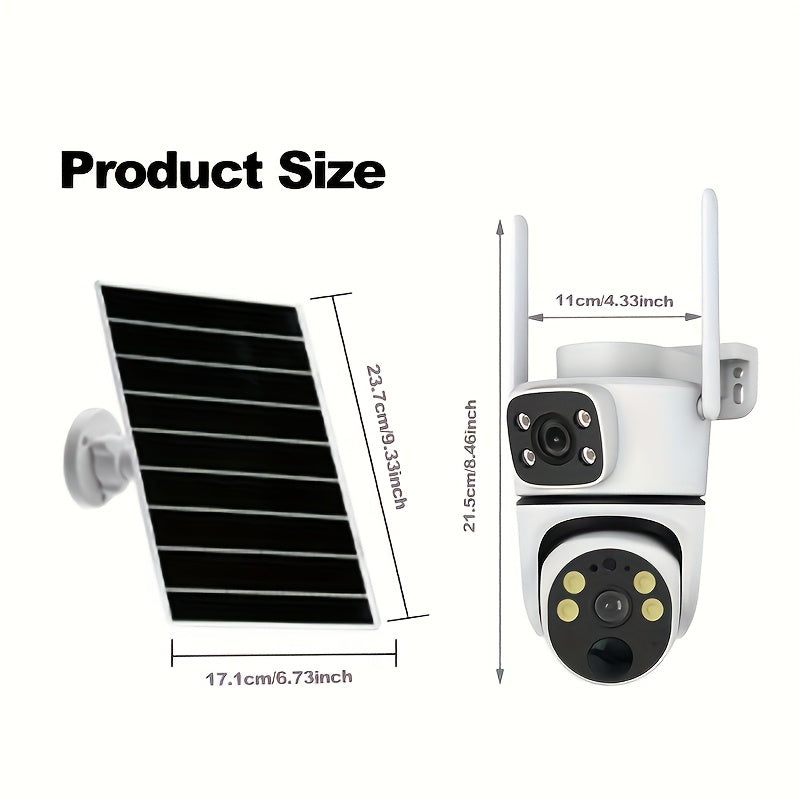 Solar-Powered Dual-Lens Surveillance Camera by ANYAZHINENG, featuring 1080p HD resolution and WiFi connectivity. This wall-mounted security cam includes two-way audio, motion detection, and night vision capabilities. Accessible remotely through an