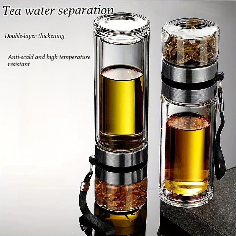 Borosilicate Glass Tea Cup with Double-Wall Design, Stainless Steel Infuser, Portable Tea Brewing Cup with Separate Compartment, Heat-Resistant and Insulated, Clear Mug for Office or Outdoor Use, Suitable for Car Mounting, Professional-Grade Drinkware