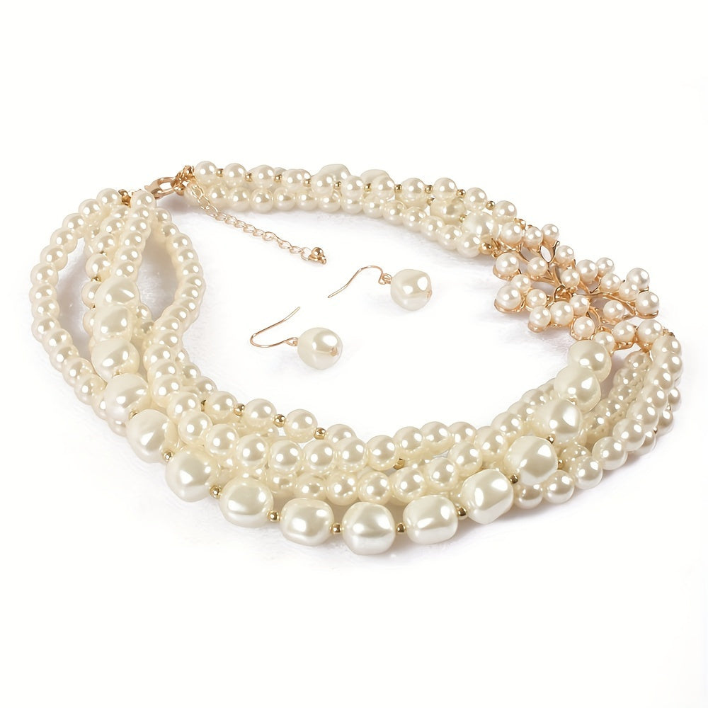 ornament for party, wedding, and prom, this jewelry set features a vintage-inspired baroque style faux pearl tree branch design necklace and earrings.