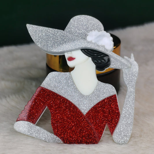 Elegant Vintage Fashion Ensemble: Silvery Big Hat, Red Skirt, and Acrylic Brooch