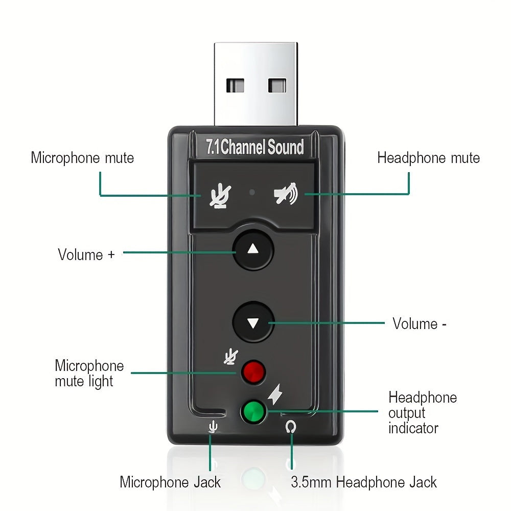 USB 2.0 Внешний адаптер звуковой карты 7.1-канальный с микрофоном для ноутбуков и настольных ПК, драйвера не требуются, черный, включает программное обеспечение Xear 3D Simulation для Windows XP/Vista.