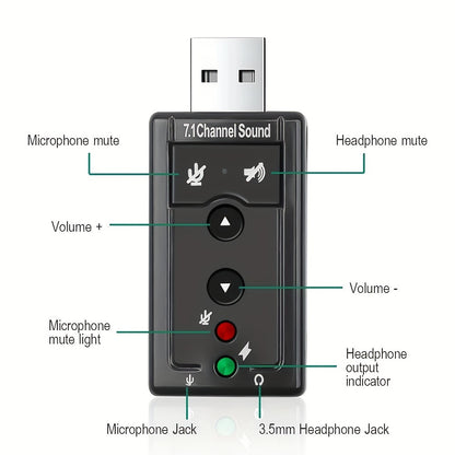 USB 2.0 Внешний адаптер звуковой карты 7.1-канальный с микрофоном для ноутбуков и настольных ПК, драйвера не требуются, черный, включает программное обеспечение Xear 3D Simulation для Windows XP/Vista.