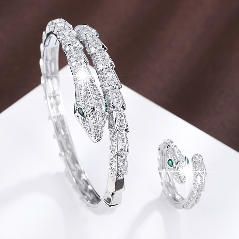 Chic Serpent-inspired Jewelry Set adorned with Zirconia for Women's Bracelet and Ring