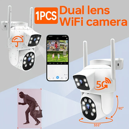 WiFi security camera with dual lens for 360° view, motion tracking, two-way audio, 5GHz WiFi, smartphone app, suitable for home monitoring. Outdoor wall-mounted with wireless connectivity.