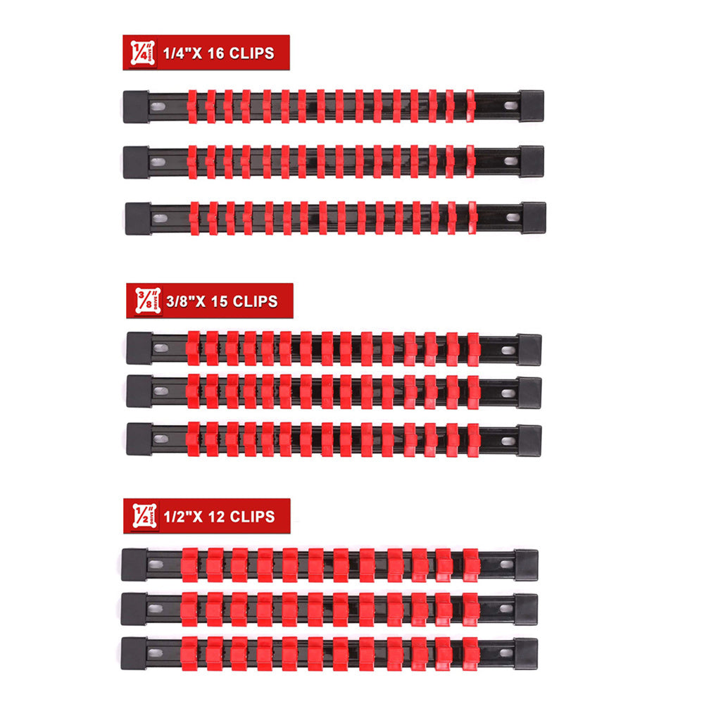 Organize your sockets with the Socket Organizer Tool - High-Quality Socket Bracket Set compatible with 1/4 Inch, 3/8 Inch, and 1/2 Inch sizes.