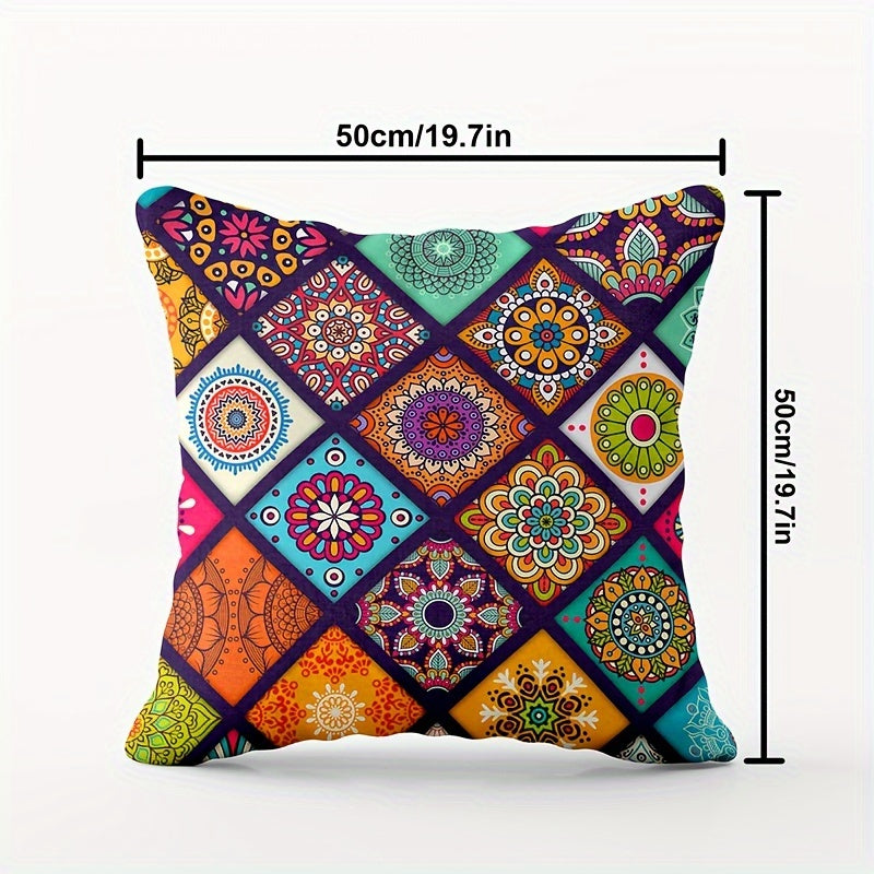 Bohemian Chic Zippered Throw Pillow Cover made of machine washable knit polyester fabric, ideal for decorating living room and bedroom. 45.72x45.72 cm size, insert not included.