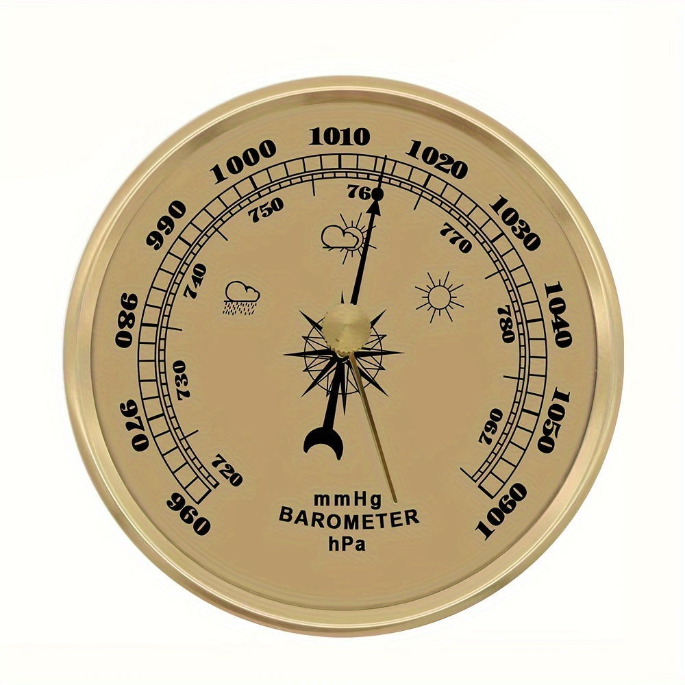 Classic wall-mounted barometer with pressure gauge and mercury-free metal thermometer, no battery needed.