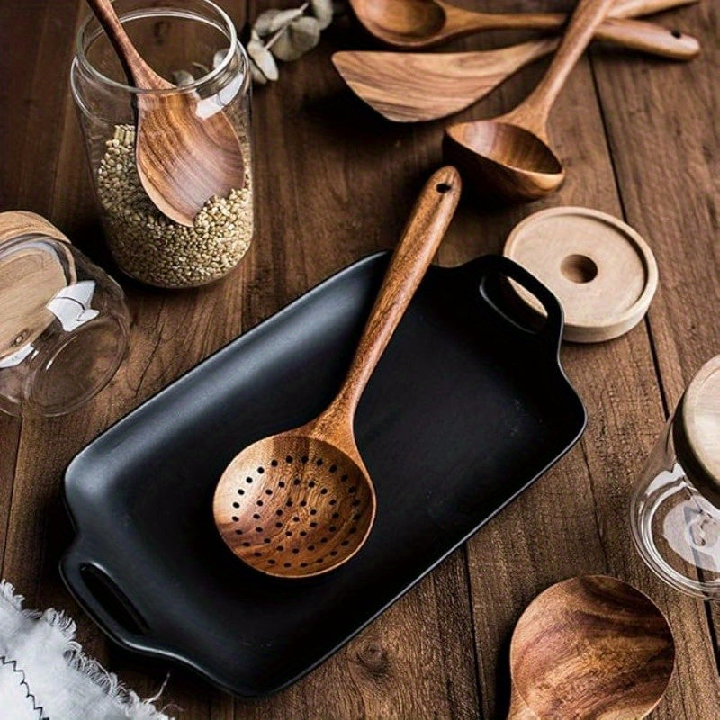 Durable Teak Wooden Cooking Spoon Set with Holder - Perfect Kitchen Utensils for Cooking and Serving, Great Holiday Present