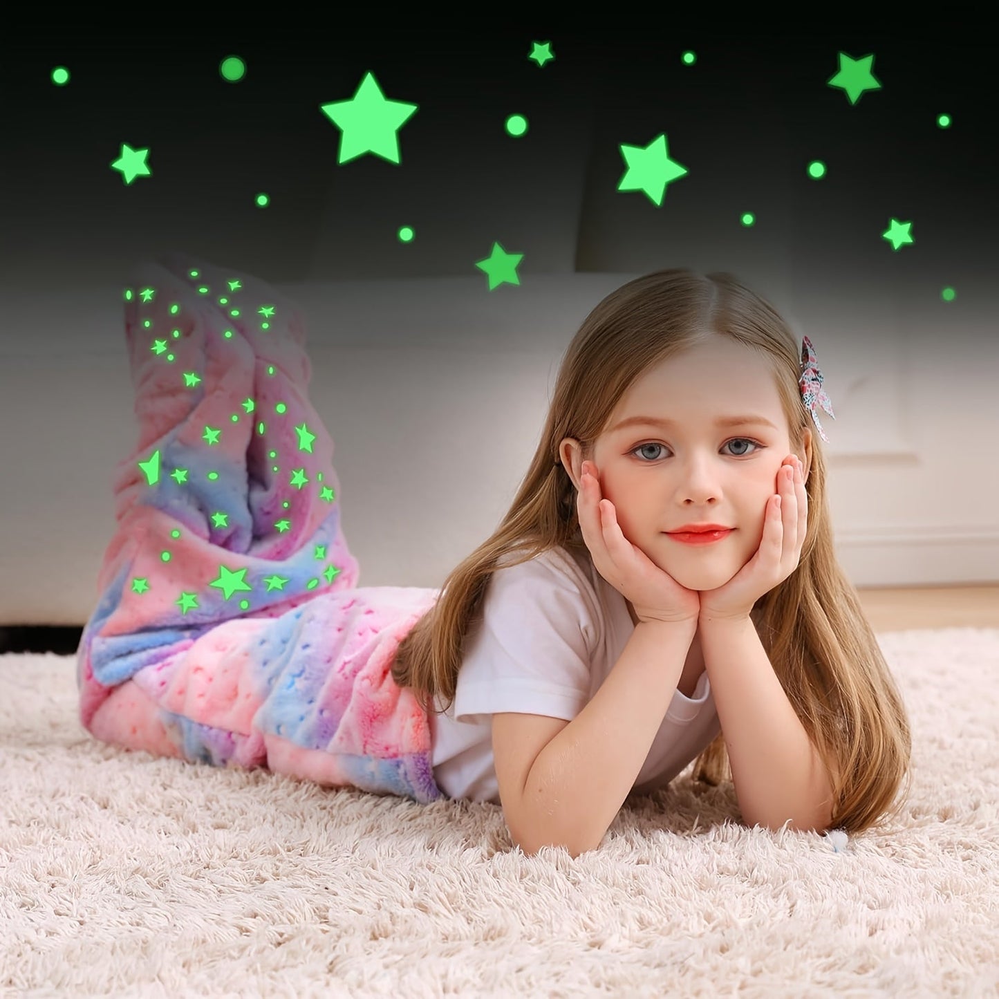 Soft flannel wearable plush mermaid tail blanket that glows in the dark, suitable for girls, teens, and adults. Ideal for all seasons, birthday gifts, nursery decor, unicorn sleeping bag, and kindergarten decor.