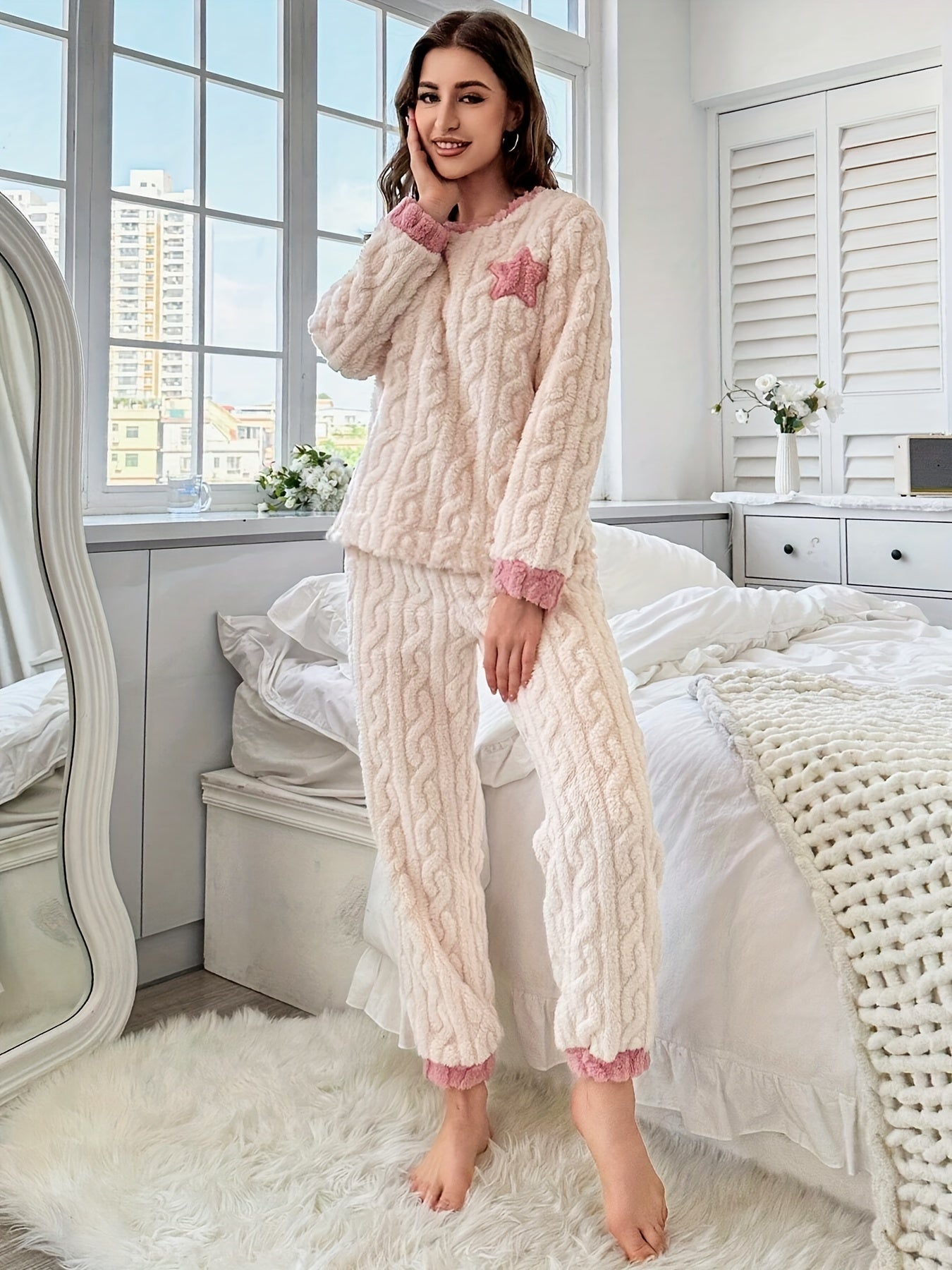 Thick fleece pajama set for women with star pattern, round neck top and pants, perfect for fall and winter.