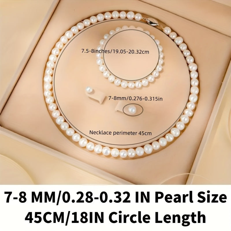 Stylish Trio, Sophisticated Freshwater Pearl Jewelry Set for Women - Complete with Beautiful Necklace, Bracelet & Stud Earrings - Opulent, Timeless Accessories