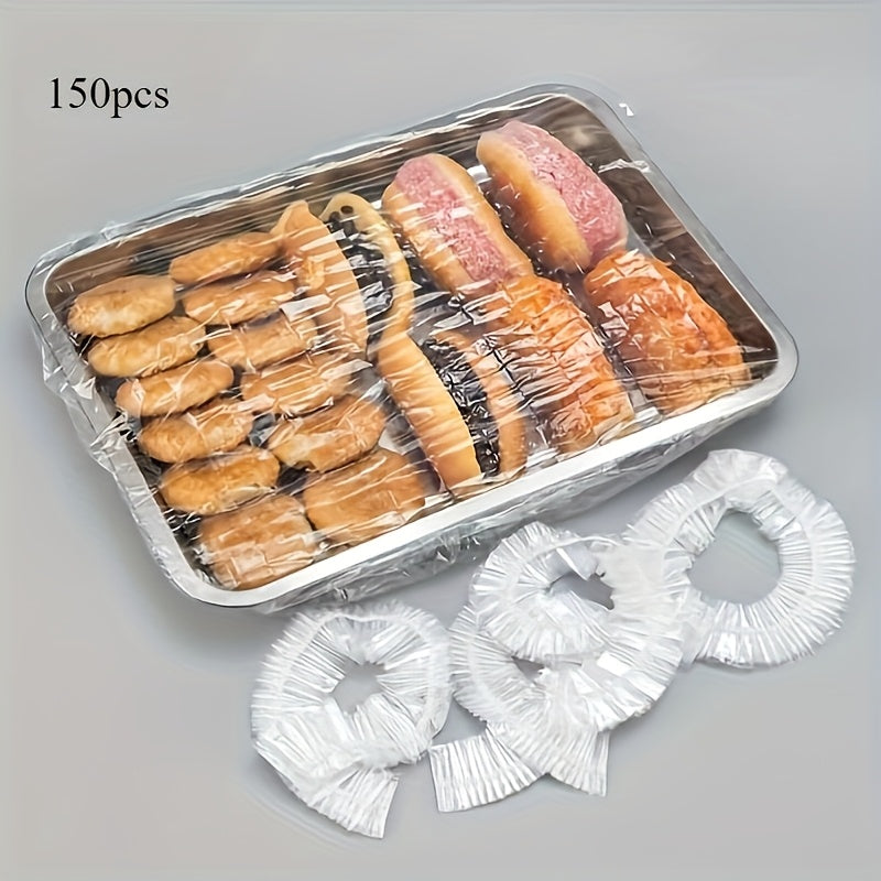 Transparent telescopic food covers that are reusable, elastic, and come in a pack of 50 or 150 pieces. Ideal for covering bread, fruits, vegetables, and desserts, these covers are versatile kitchen essentials for storage.