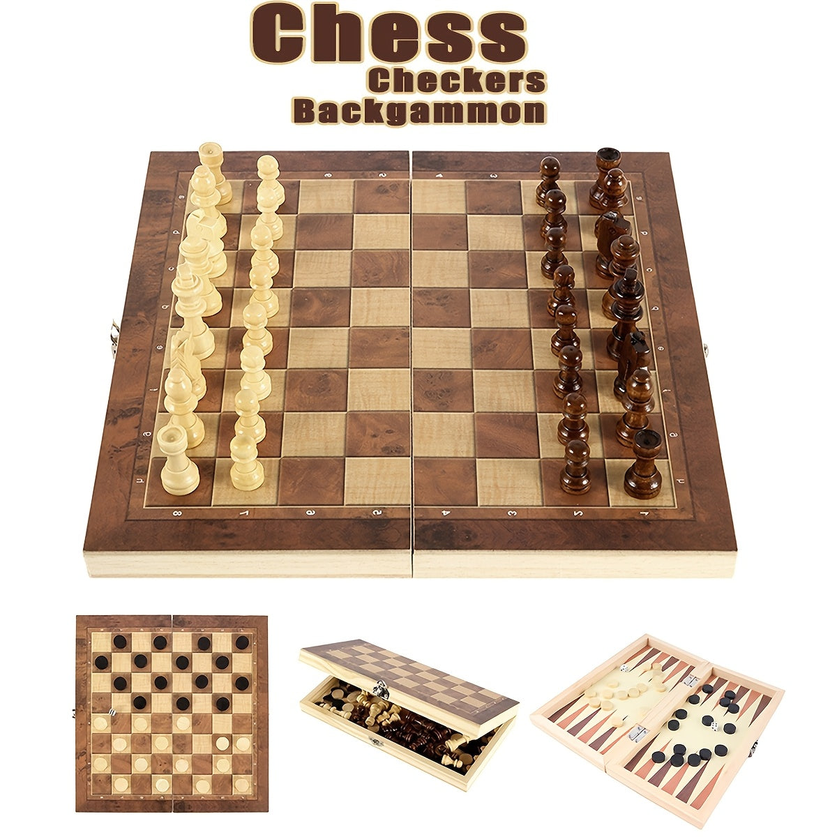 3-in-1 board game includes chess, checkers, and backgammon. Lightweight wooden board for adults. Ideal for travel.