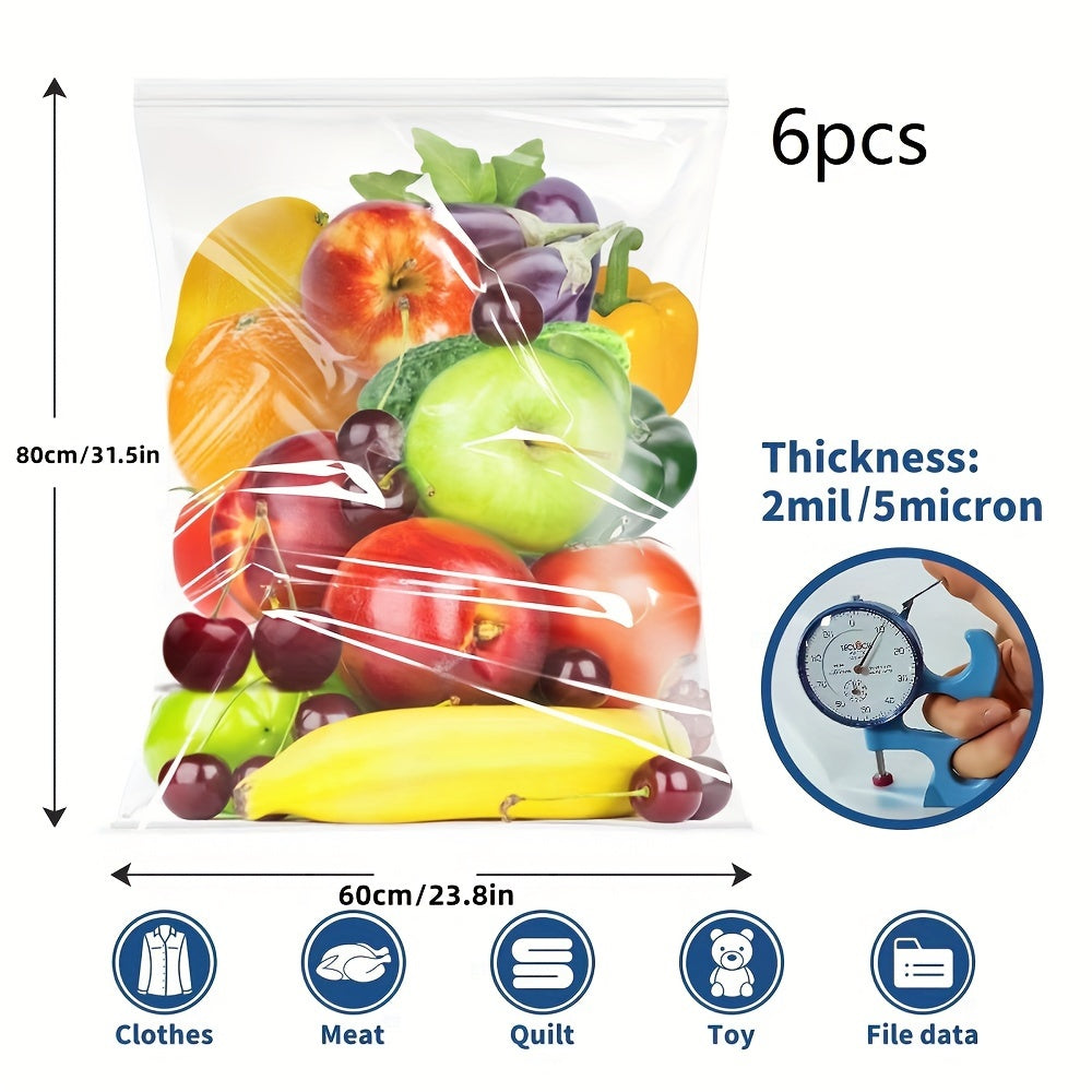 Get a pack of 6 large plastic zipper storage bags, each measuring 18.93 L and 45.72X60.96 cm. These clear reclosable bags are extra-thick and sealable, perfect for storage, food prep, moving, and more. BPA-free and reusable, these bags are great for