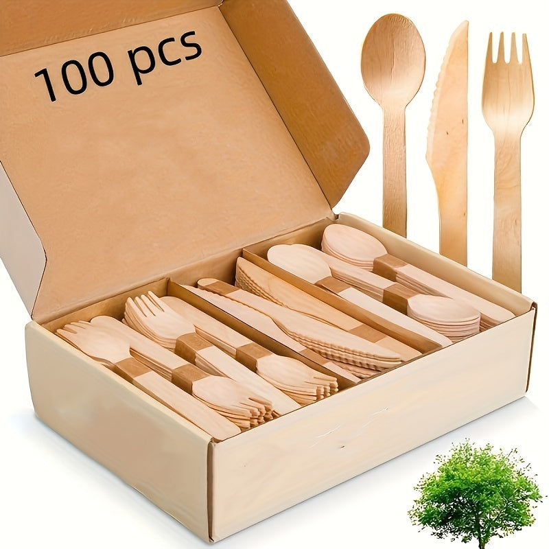 Bundle of wooden utensils - Includes 100/200 pieces of disposable cutlery (50/100 forks, 25/50 knives, 25/50 spoons). Perfect for events and catering, these 5.5-inch tools are made of high-quality wood. Complete your dining set with this 14cm wooden