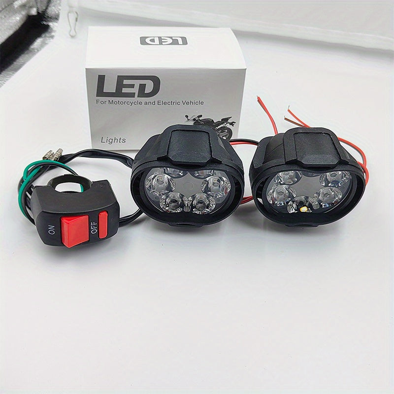 2 motorcycle lights with switch, LED motorbike lamp with 6 LEDs emitting 6500K white light and 1200LM brightness, plus 1 switch.