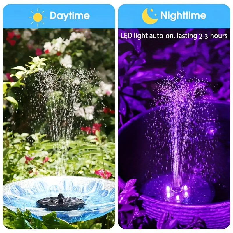 Solar fountain pump with LED light, Lithium battery powered, suitable for garden and water features, with 7 nozzle modes and durable construction.