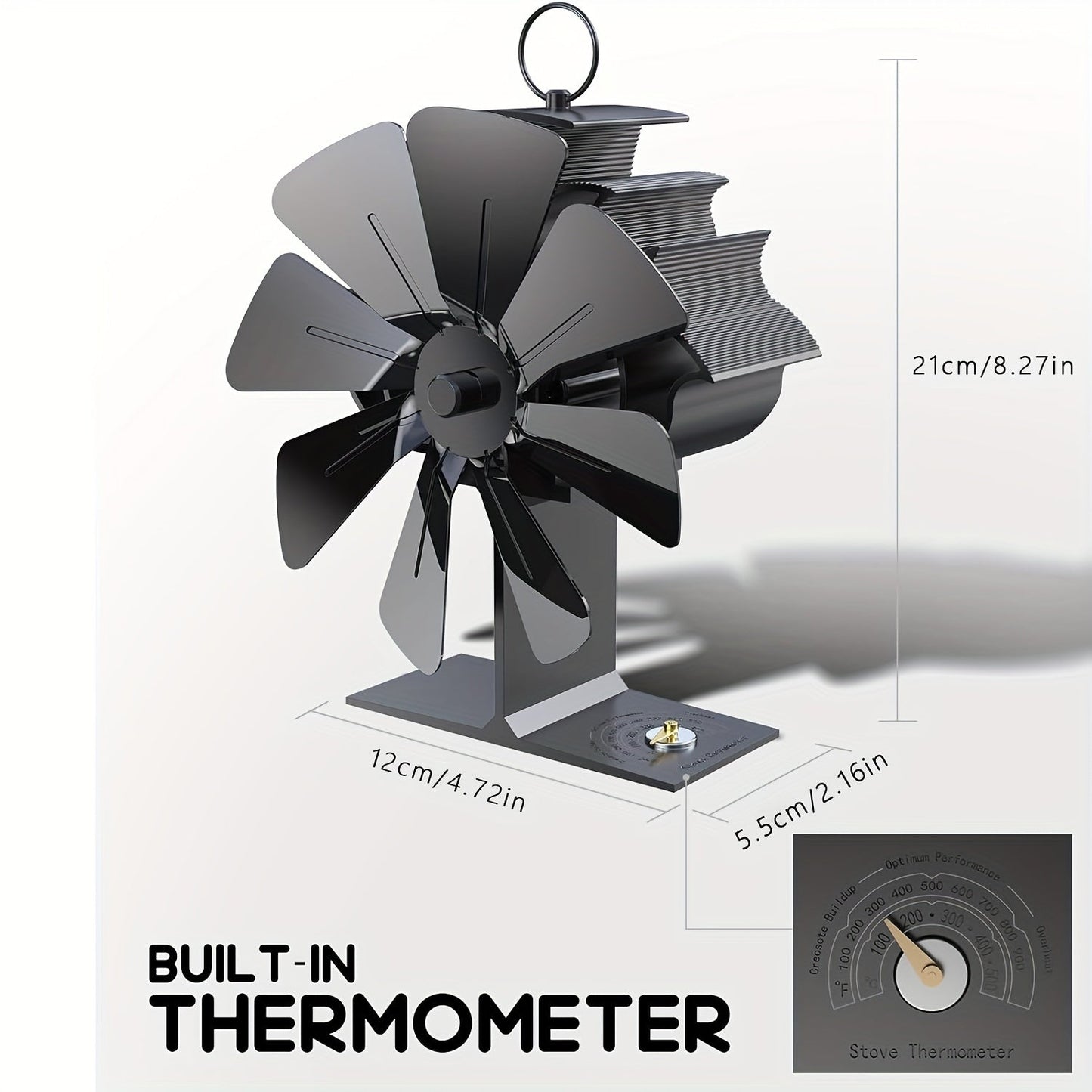 One piece 8-blade fireplace fan featuring a built-in thermometer, designed for wood-burning stove fireplaces with top temperature control. This fan is capable of circulating warm/hot air but is not suitable for soapstone stoves or pellet stoves. A handy