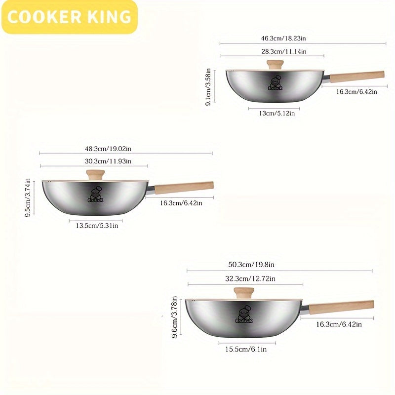 The COOKING KING Non-Stick Stainless Steel Wok Pan with Lid is PFOA Free and safe to use in the dishwasher and oven. It is also compatible with induction cooktops, making it a perfect choice for home kitchens.