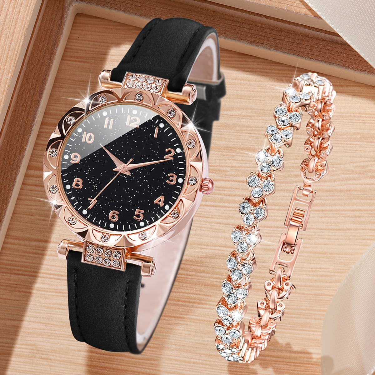 Set of 2 fashionable women's quartz wristwatch and bracelet with round alloy case, faux leather band, non-rechargeable button battery - Elegant timepiece combo.