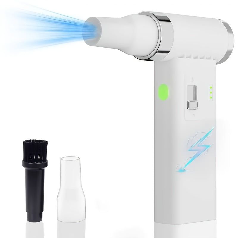 Cordless rechargeable compressed air duster with infinite speed control up to 110000 RPM for various cleaning purposes.