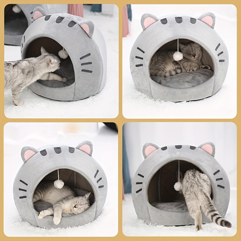 Polyester fiber cat bed with cushion and small tent for indoor pets.