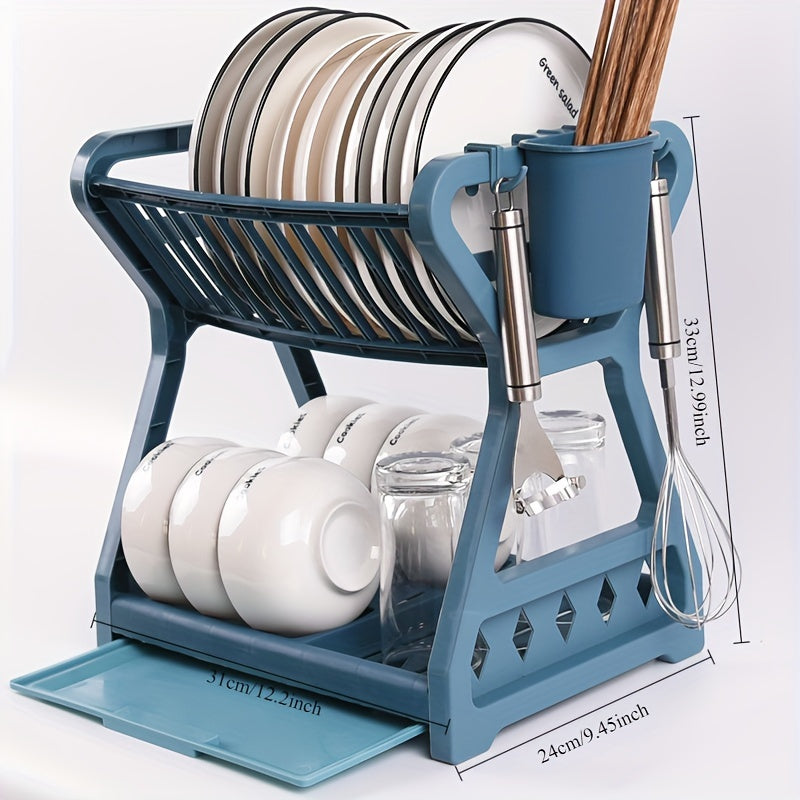 Kitchen Counter 2-Tier Compact Plastic Sink Dish Drying Rack with Drip Tray Set, White Stainless Steel Tube Small Dish Drainer Strainer Utensil Rack