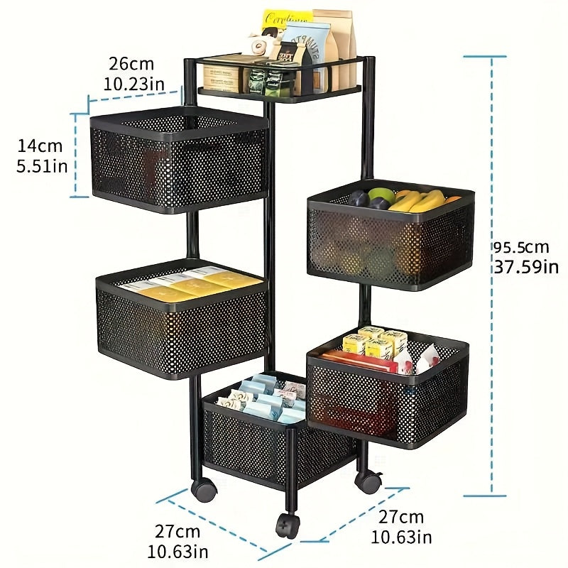 Rotating kitchen shelf for easy organization of fruits and vegetables.