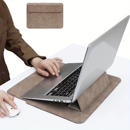 Leather laptop sleeve with stand, ergonomic and water-resistant, fits 13.3, 14.1 inch notebooks - solid pattern.