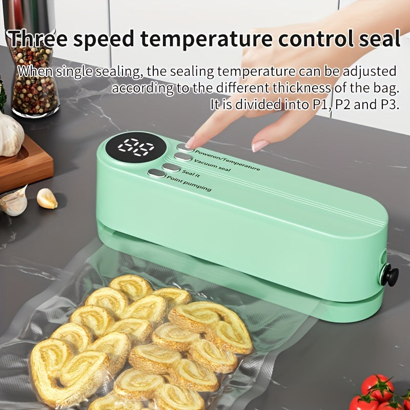 USB rechargeable vacuum sealer kit with digital display. Includes pump, airtight bags for food preservation. Ideal for snacks, meat, fruits, vegetables. Space-saving design, 36V power.