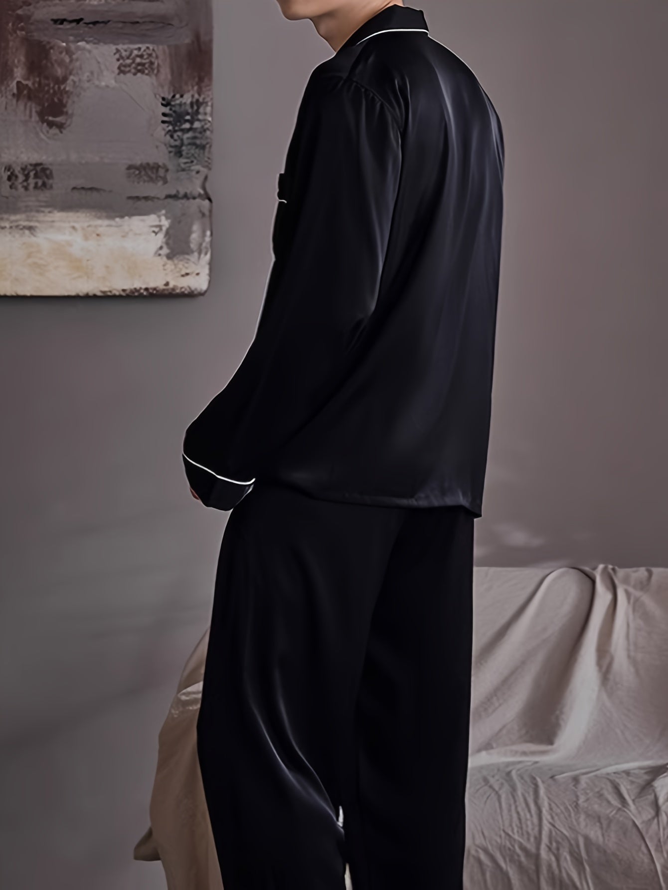 Men's casual pajama set made from large size ice silky fiber fabric, including long sleeve button pocket shirt top and trousers. Suitable for outdoor and home wear in spring, autumn, and