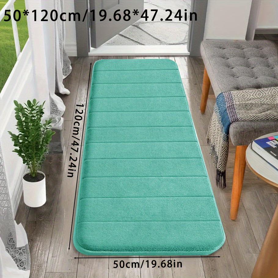 Set of memory foam bath mats, featuring ultra-soft and absorbent material with a non-slip backing. Ideal for use in the bathroom, shower, laundry room, or outdoor entrance. Made of durable polyester that is easy to clean in the washing machine. Can also