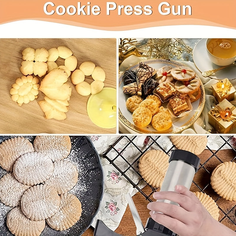 22-piece stainless steel cookie press kit includes 13 disc shapes and 8 icing tips for manual biscuit making and decorating. This non-electric dough extruder and cake decorator is perfect for home baking tools.