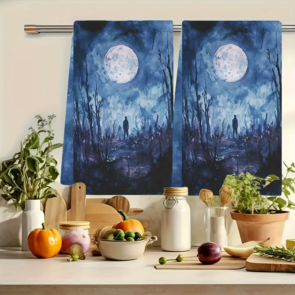 Set of 2 Ultra Soft Kitchen Towels featuring a Supernatural Night Theme with Full Moon & Shadowy Figure. These highly absorbent Polyester Dish Hand Towels are machine washable and measure 40.64x60.96 cm. Perfect for Holiday Decor and everyday use in the