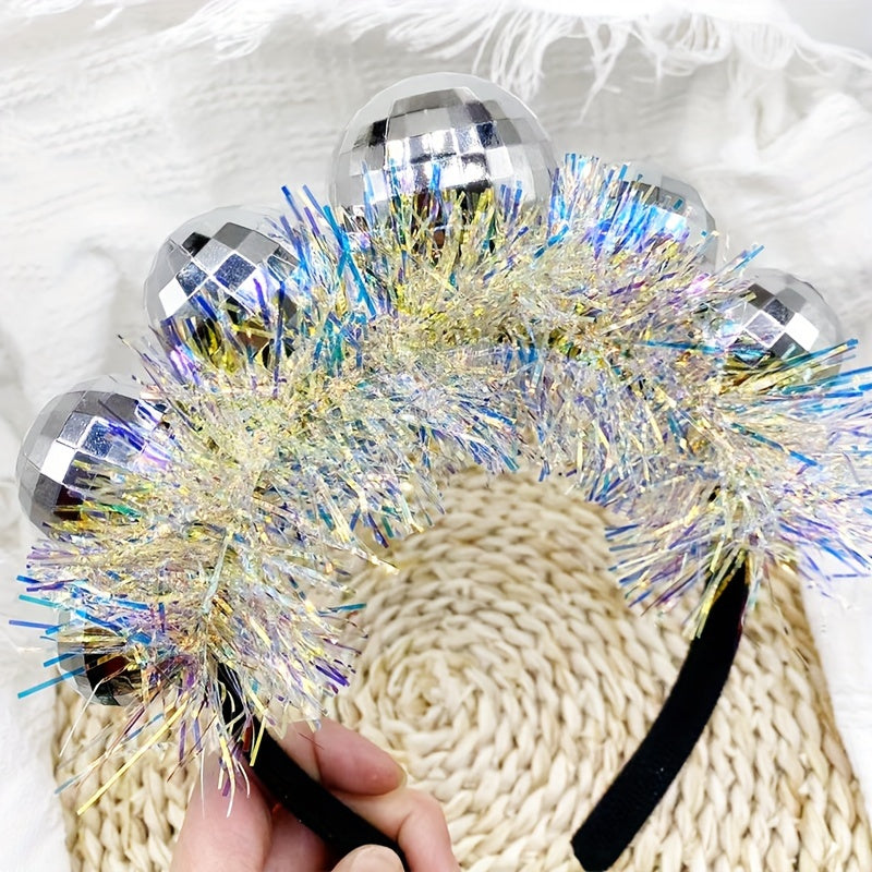 Headwear for Christmas and New Year Festival. Disco ball shaped hoop with glitter for a creative party look.