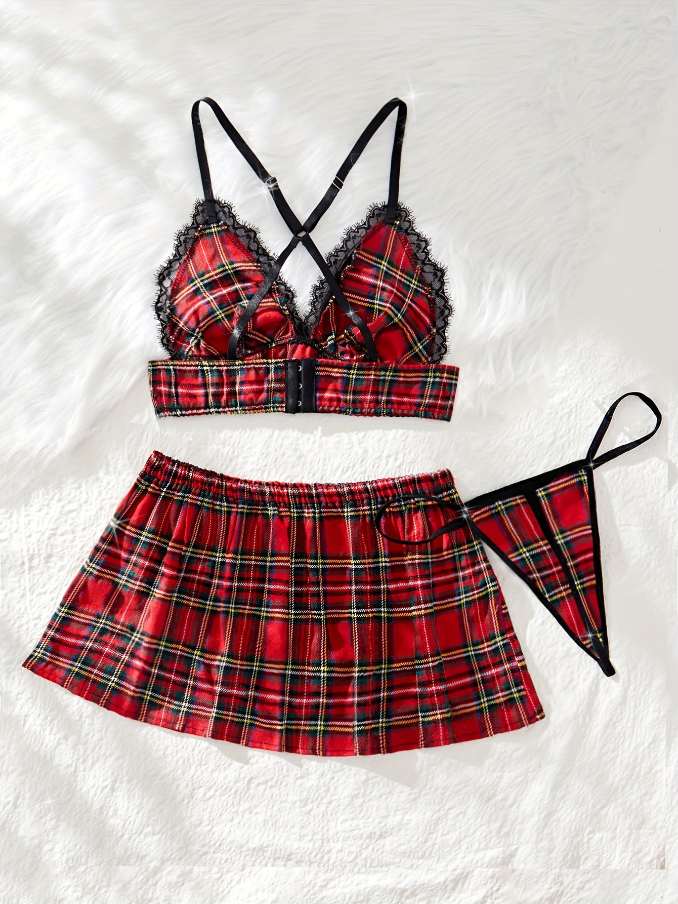 3pc Set of Women's Sexy Plaid Lingerie for Role Play