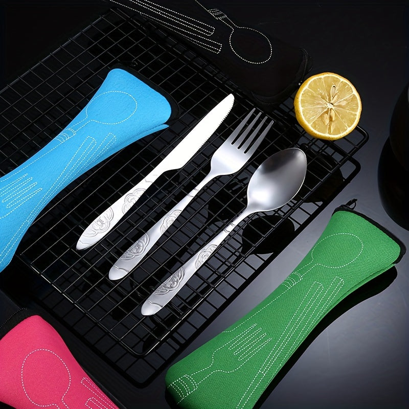 3-piece stainless steel camping cutlery set with portable bag