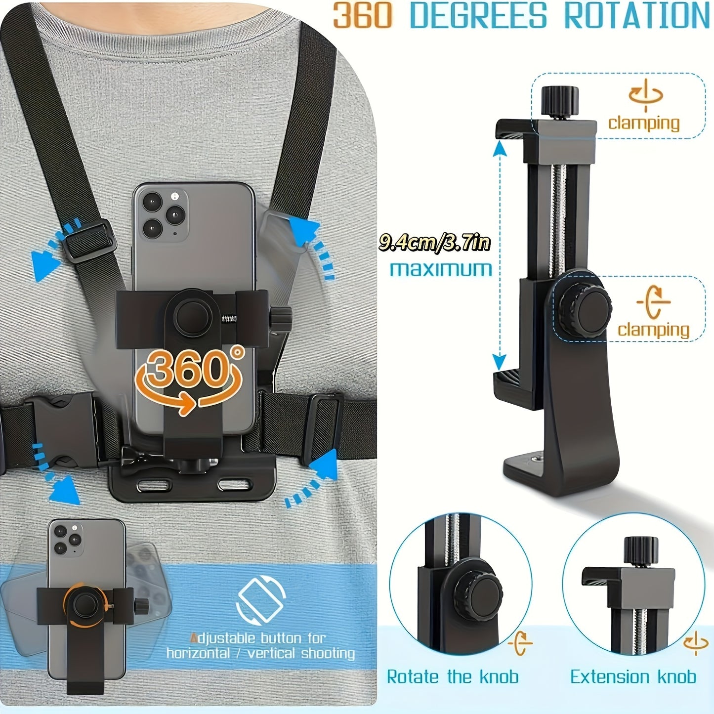 Durable polyamide chest strap with 360° rotatable phone holder for running, cycling, and video recording.