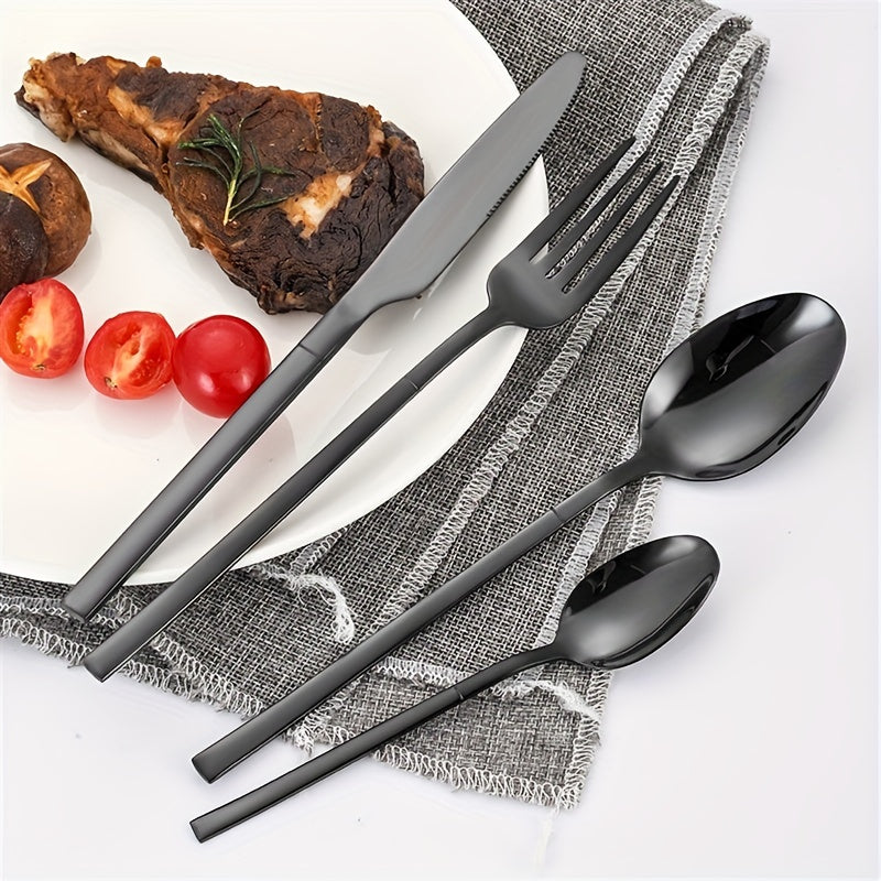 24-piece stainless steel knife, fork, and spoon set, including steak knives. Safe for dishwasher. Ideal for home kitchen.