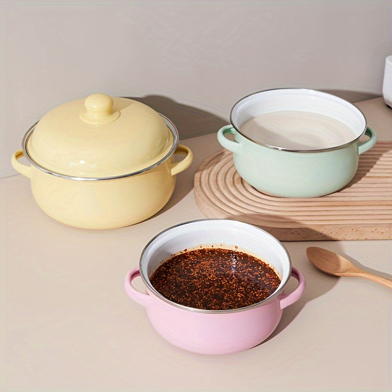 Set of 3 enamel cookware pieces - Includes large capacity pots with lids, vintage style stockpots with handles. Perfect for oil storage and cooking in the kitchen.