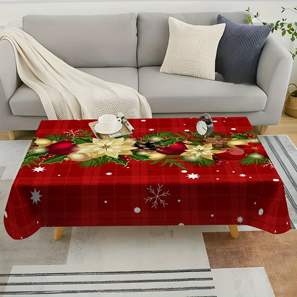 Stain-resistant party tablecloth with festive holiday design, machine washable and easy to clean.