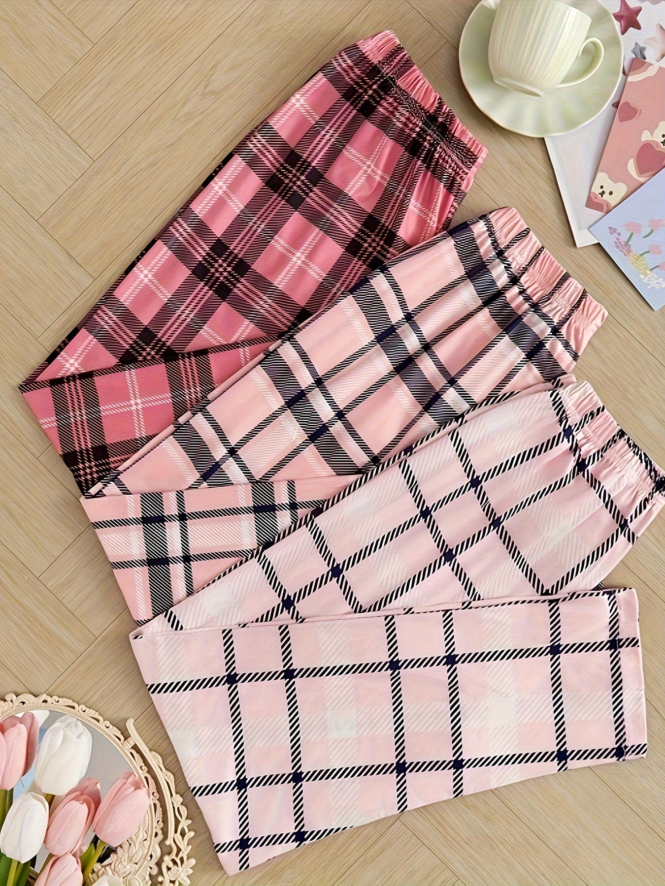 3 Plaid Lounge Bottoms with Elastic High Waist for Women's Sleepwear & Loungewear