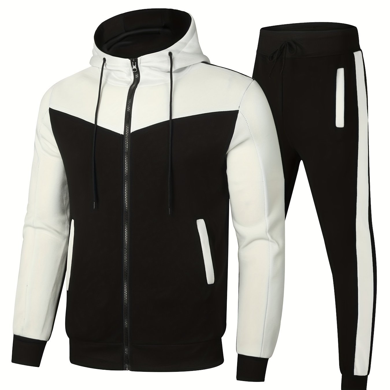 Men's athletic two-piece set: zip-up hoodie with drawstring waistband and matching joggers made of breathable polyester. Casual sportswear for spring and fall.