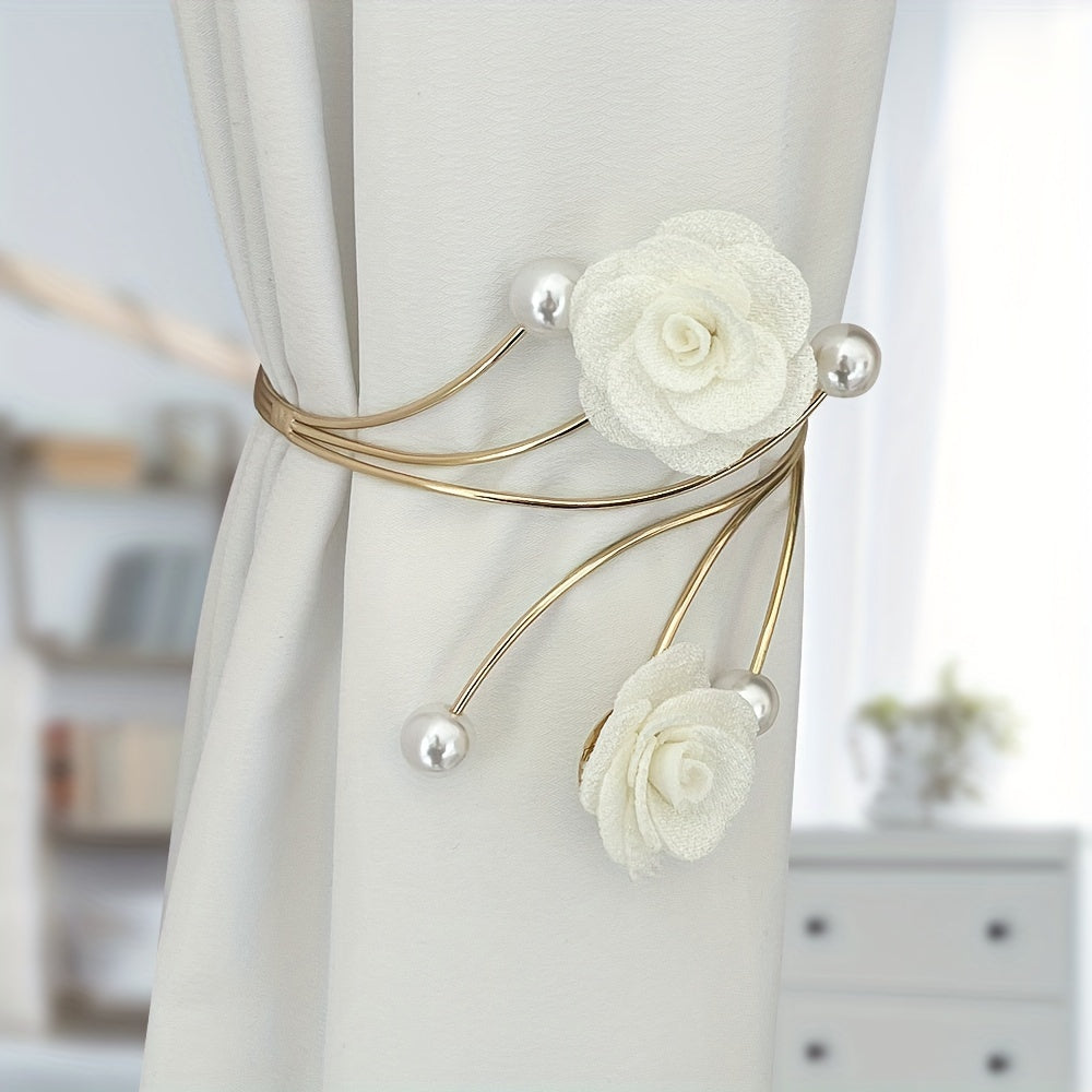 Set of 2 Rose Flower Design Curtain Tiebacks, Made with Metal and Polyester, Ideal for Holding Back Curtains and Adding a Decorative Touch to Your Space