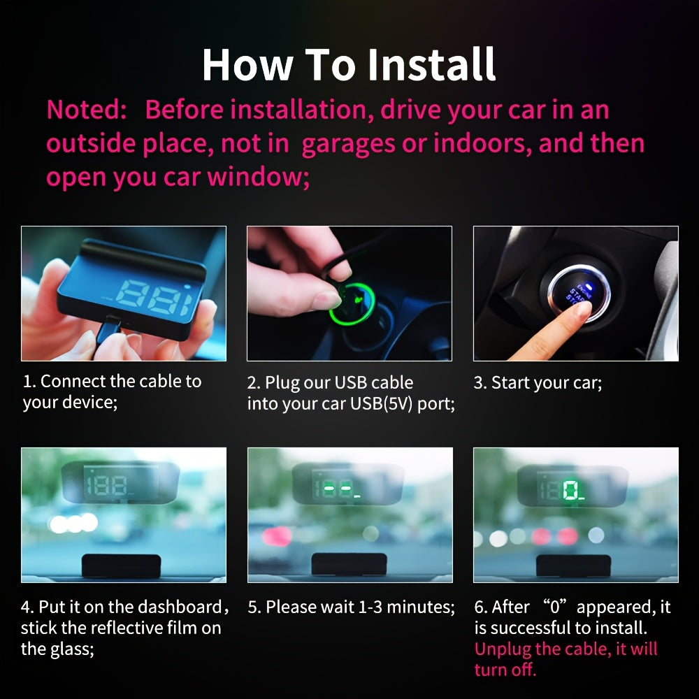 KWHUD K1 Car Head-Up Display: Plug & Play Speedometer with Auto Brightness, USB Powered, Fits All Models